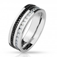 Edelstahl Ring Fingerring mit eingelassener Kette und Zirkonia schwarz silber