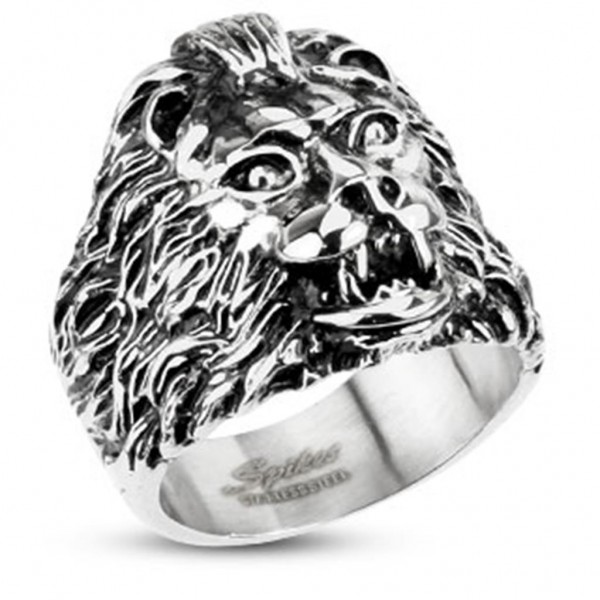 Siegelring aus Edelstahl in silber mit wildem Löwe-Kopf Breite 23 mm