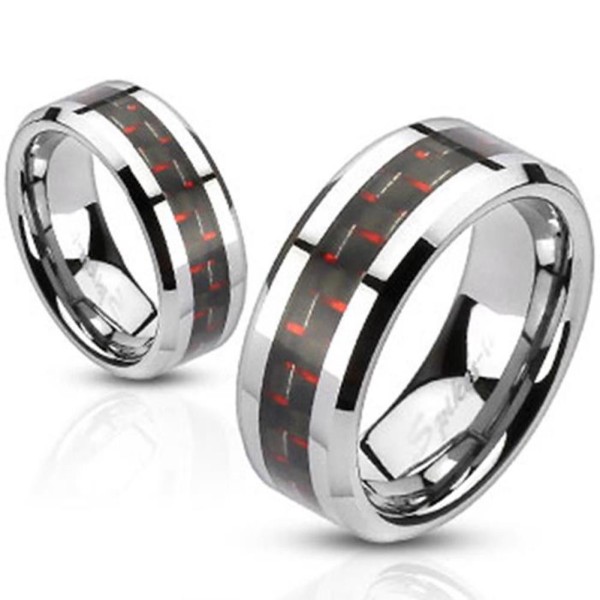 Herren Damen Ring Edelstahl silber "Carbon Inlay Rot"