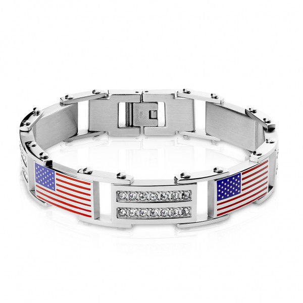 Damen Herren Armband Gliederarmband in Silber mit USA Flagge und Kristallen