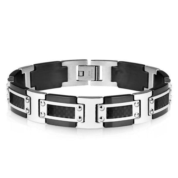 Damen Herren Armband Gliederarmband in Silber - Schwarz mit Carbon-Einlage