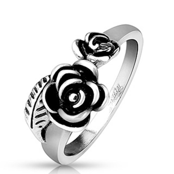 Edelstahl Ring silber 8,4mm breit Rosenblüten und -blätter 50 (16) - 61 (19,5)