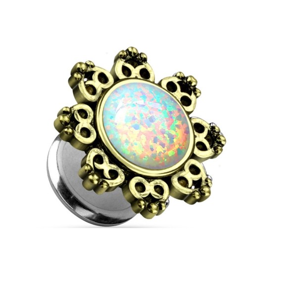 Tapsi´s Coolbodyart®| Ohr Plug Edelstahl Chirurgenstahl 316L Tribal Lotus Alt Gold Opal Weiß 3mm-10m