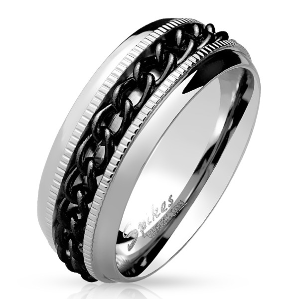 Coolbodyart Herrenring Bandring in silber mit eingefasster Kette in schwarz und Diamantschnitt Breit