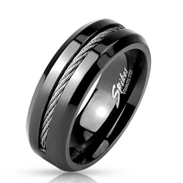 Edelstahl Ring schwarz 8mm breit mit eingelassenem Kabel 60 (19) - 69 (22)