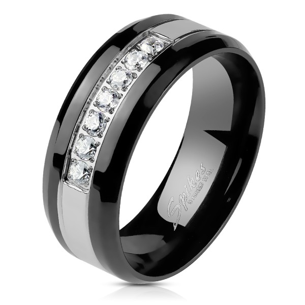 Tapsi´s Coolbodyart® Fingerring Edelstahl schwarz mit Zirkonia und Zentrum silber