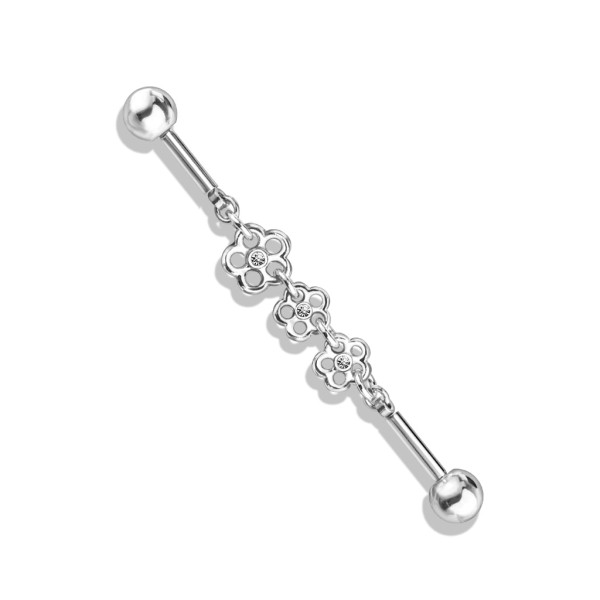 Tapsi´s Coolbodyart®|Blumenkette mit 3 Kristallen Industrial Barbell Piercing Stab Chirurgenstahl 31