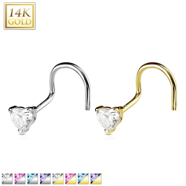 14 Karat Weißgold oder Gelbgold Nasenpiercing Screw Stud Zirkonia Herz