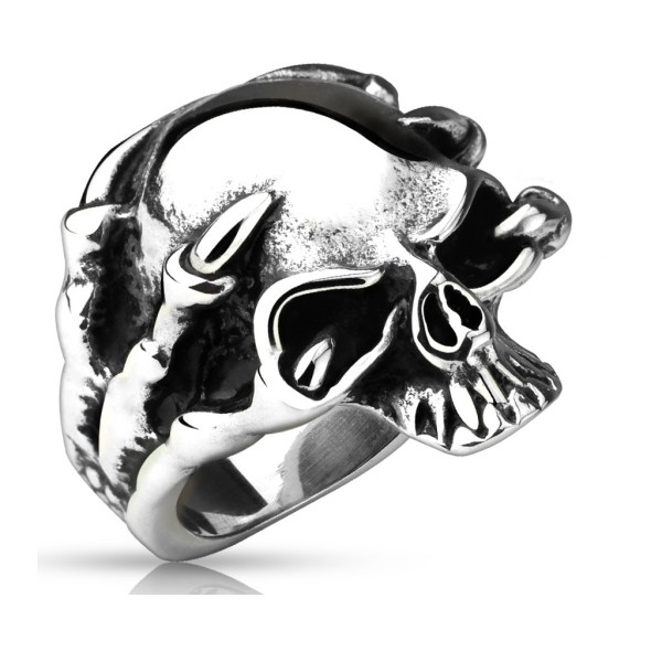 Tapsi´s Coolbodyart® Edelstahl Ring silberfarben Schädel mit Drachenklauen