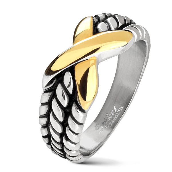 Tapsi´s Coolbodyart® Fingerring aus Edelstahl 3 fach Seil silber mit gold platinierten X