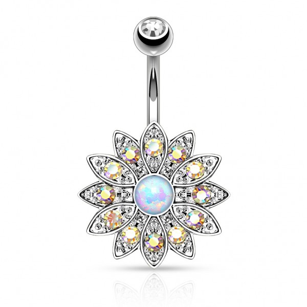 Chirurgenstahl Bauchnabelpiercing Blume mit Zirkonia und Opalimmitation