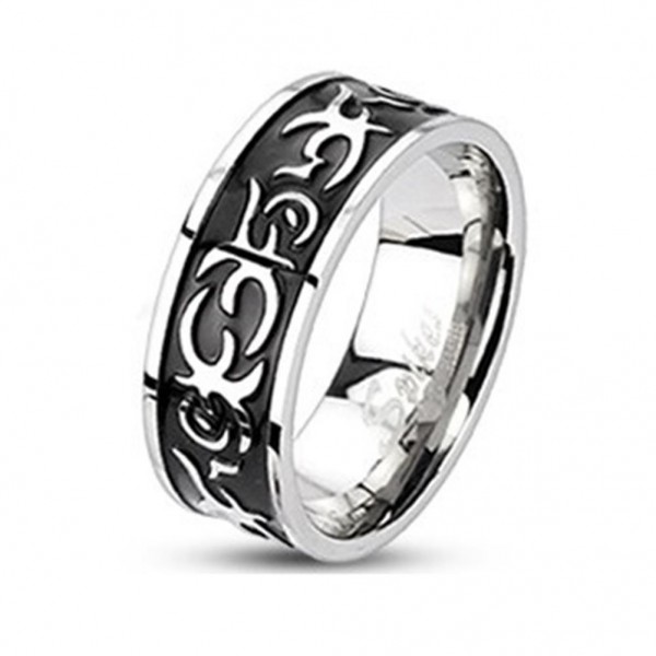 Edelstahl Tribal Ring silber-schwarz 8mm breit