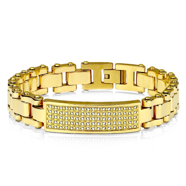 Damen Herren Armband Gliederarmband Gold mit Schmuckplatte besetzt mit Zirkonia