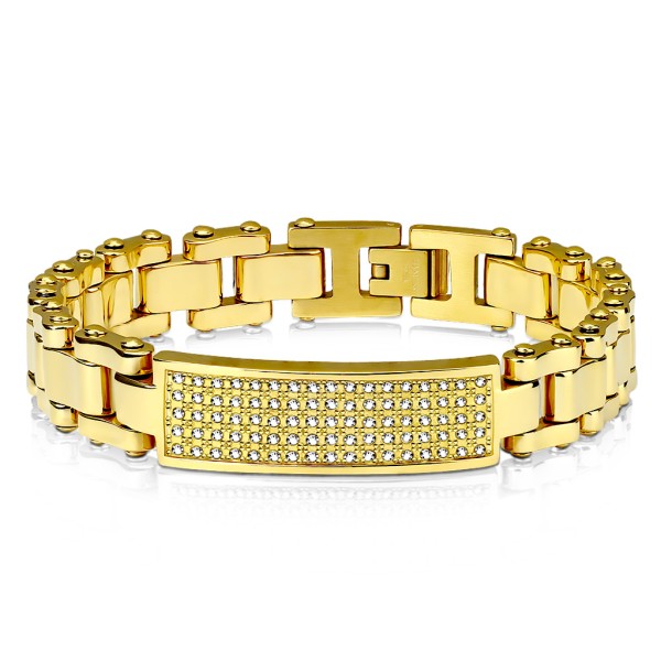 Damen Herren Armband Gliederarmband Gold mit Schmuckplatte besetzt mit Zirkonia