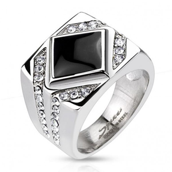 Unisex Ring Edelstahl diamantförmiger Onyx mit klaren Zirkonia