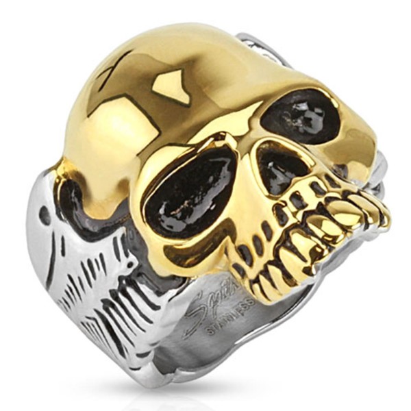 Biker Edelstahl Ring silberfarben mit goldenem Totenkopf schwarz getönten Augen