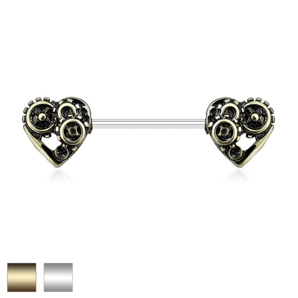 Barbell Brustwarzenpiercing Chirurgenstahl Herz,Steampunk in altsilber altgold