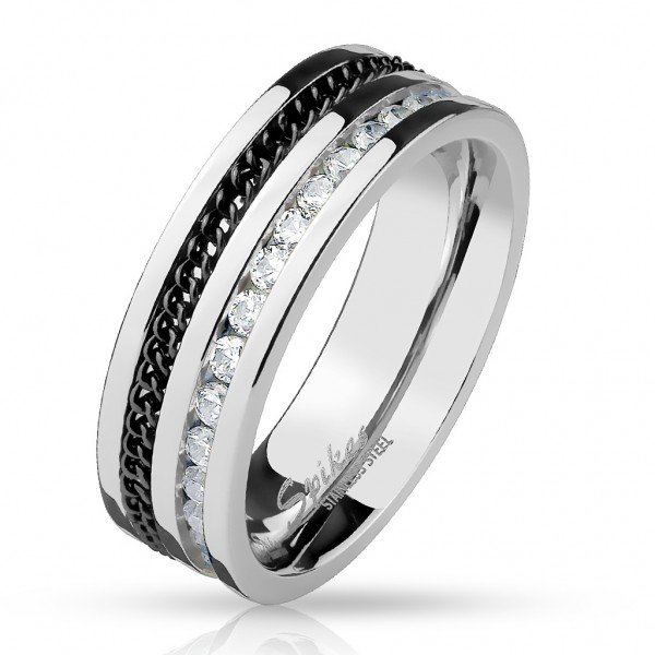 Edelstahl Ring Fingerring mit eingelassener Kette und Zirkonia schwarz silber
