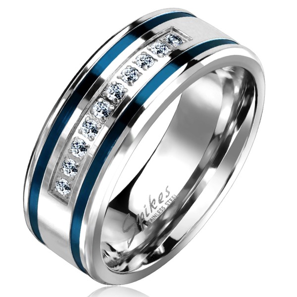 Tapsi´s Coolbodyart®| Fingerring Bandring Edelstahl Silber Blaue Streifen Zirkonia Fräslinie Größe60