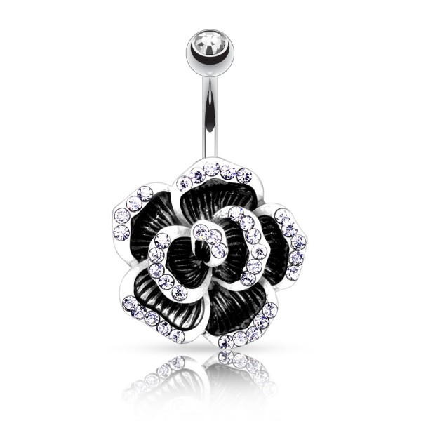 Coolbodyart Chirurgenstahl Bauchnabelpiercing Rosenblüte schwarz-silber mit Z...