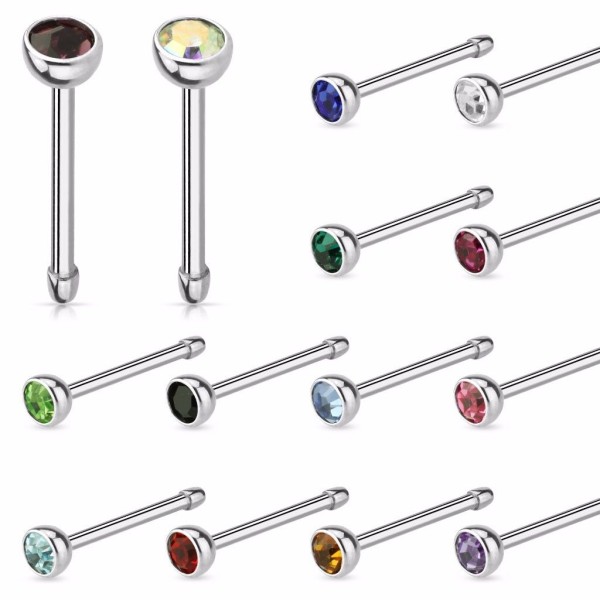 Nasen Piercing Stecker Nasenstecker mit Kristall in 13 Farben Stab 0,8mm