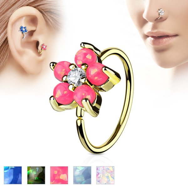 Tapsi´s Coolbodyart® Hoop Ring für Nase/Ohr gold mit Zirkonia und Opal Blume