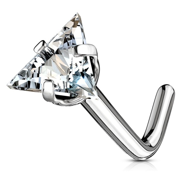Tapsi´s Coolbodyart®| Nasenpiercing L Stecker Gebogen Chirurgenstahl 316L Silber 6mm Zirkonia Triang