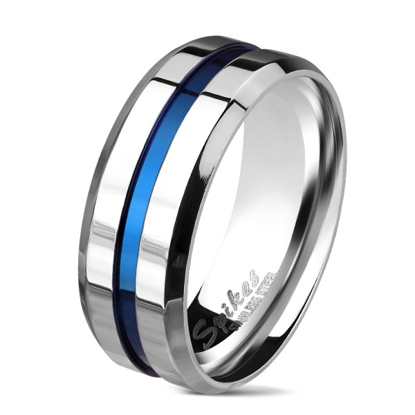 Tapsi´s Coolbodyart®| Fingerring Bandring Edelstahl Silber Poliert, Rille im Zentrum Blau Größe 60(1