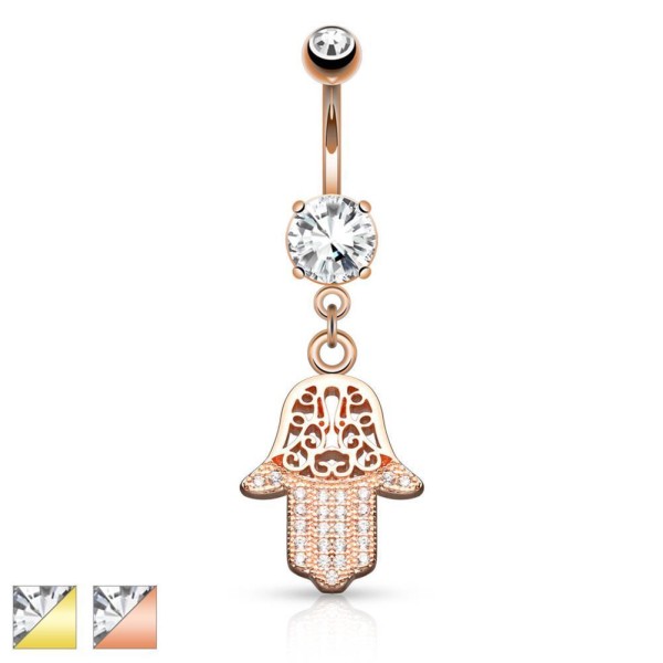 Chirurgenstahl Bauchnabelpiercing vergoldet Hamsa Hand mit Zirkonia