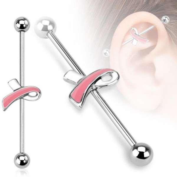 Unisex Inlay Industrial Piercing Pink Schleife "Pink Breast Cance...