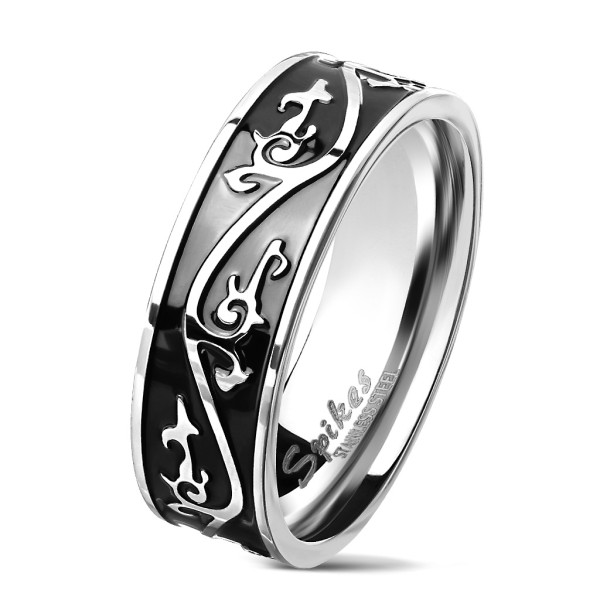 Tapsi´s Coolbodyart®| Fingerring Statementring Edelstahl 316L Schwarz Silber Tribal Muster Größe 60(