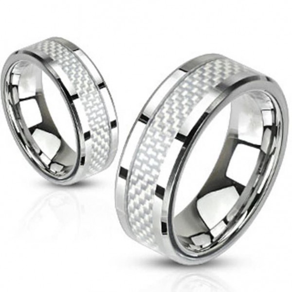 Herren Damen Ring Edelstahl silber "Carbon Inlay Weiß"