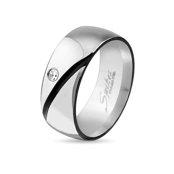 Band Ring Edelstahl Zirkonia 6 / 8mm Breit Linie Diagonal 47(15)-69(22)