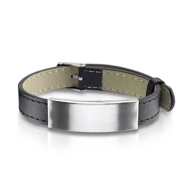 Tapsi´s Coolbodyart®| Armband PU Leder Schwarz Edelstahl Erkennungsmarke Silber Gebürstet Verstellba