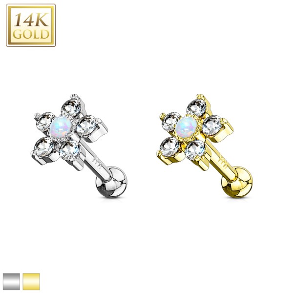 Tapsi´s Coolbodyart®| Ohr Cartilage Tragus Barbell 14 Karat Weißgold/Gelbgold Blume Zirkonia/Opal
