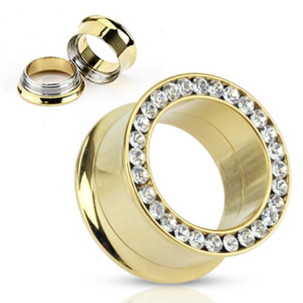Luxus Double Flared gold Tunnel 4-25mm Zirkonia