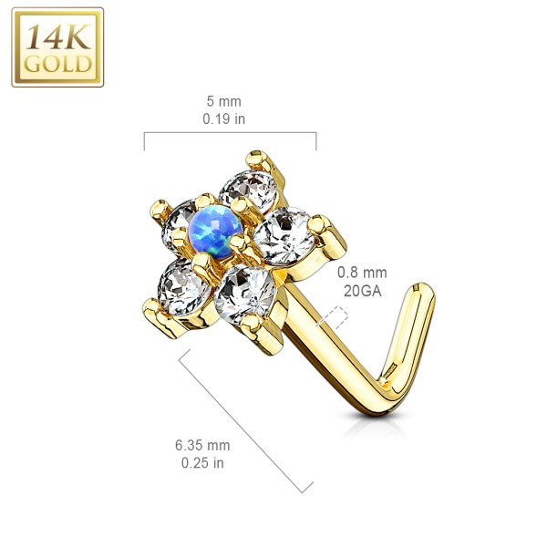 Tapsi´s Coolbodyart®| Nasenpiercing Nose Stud gebogen 14 Karat Weißgold, Gelbgold 6mm Blume Zirkonia